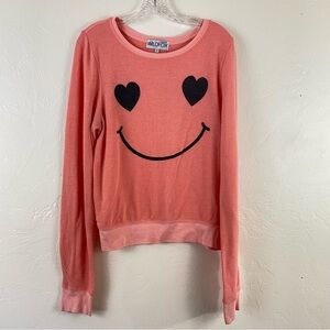 Wildfox Size Small Coral Orange Jersey Knit Smiley Graphic Scoop Neck Sweatshirt